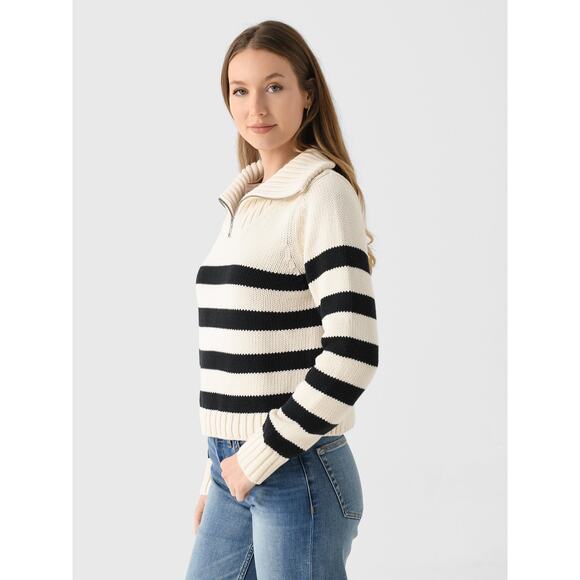 Kule The Matey Cream Black Stripe Chunky Cotton Knit Zip Collar Sweater womens S - Picture 9 of 17